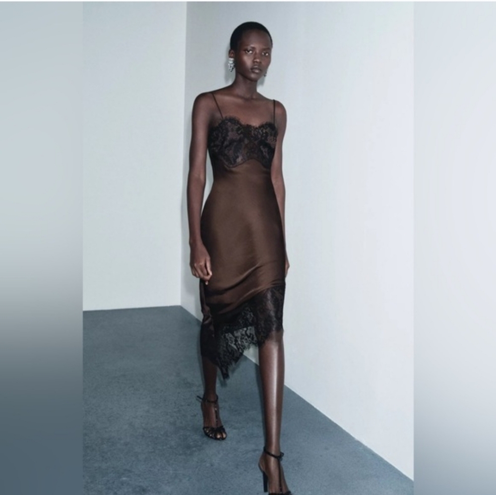 Zara ASYMMETRIC SATIN LACE DRESS Brown Black Size XS S NWT - Picture 4 of 16
